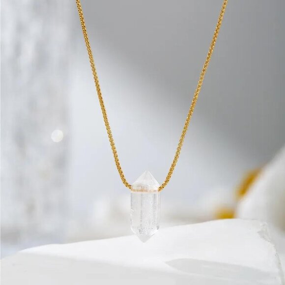 Gold-Tone Necklace with Clear Crystal Point Pendant - Picture 1 of 2